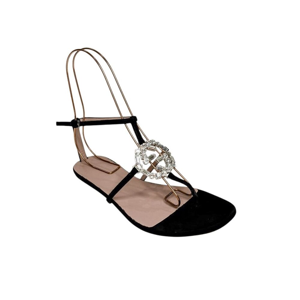 Gucci Crystal GG T-Strap Flat Sandals EU 36.5 US 6.5 Black Suede Interlocking G